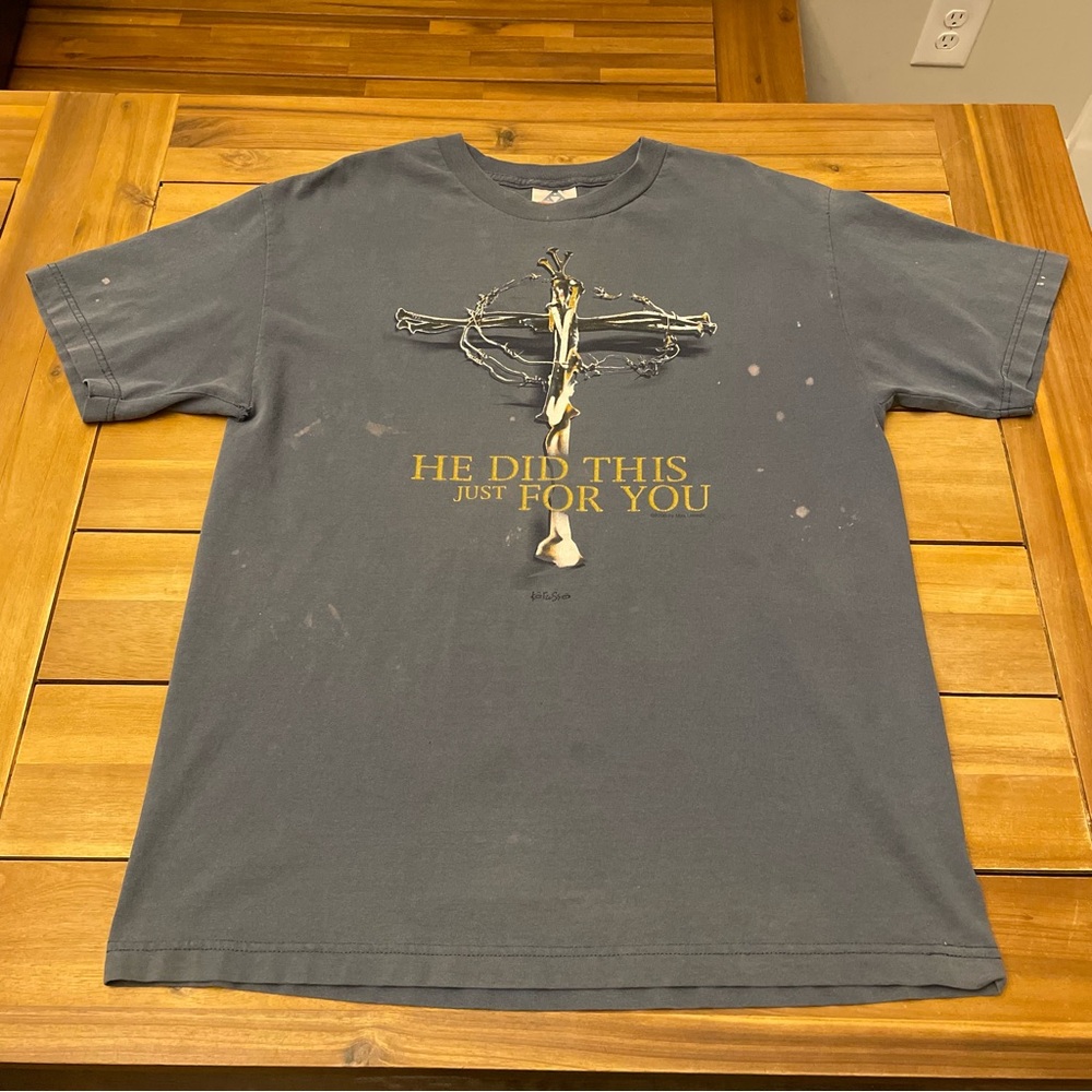 Vintage Y2K 2000s Cross Crown Thorns Jesus Christian Religion Shirt Large Blue